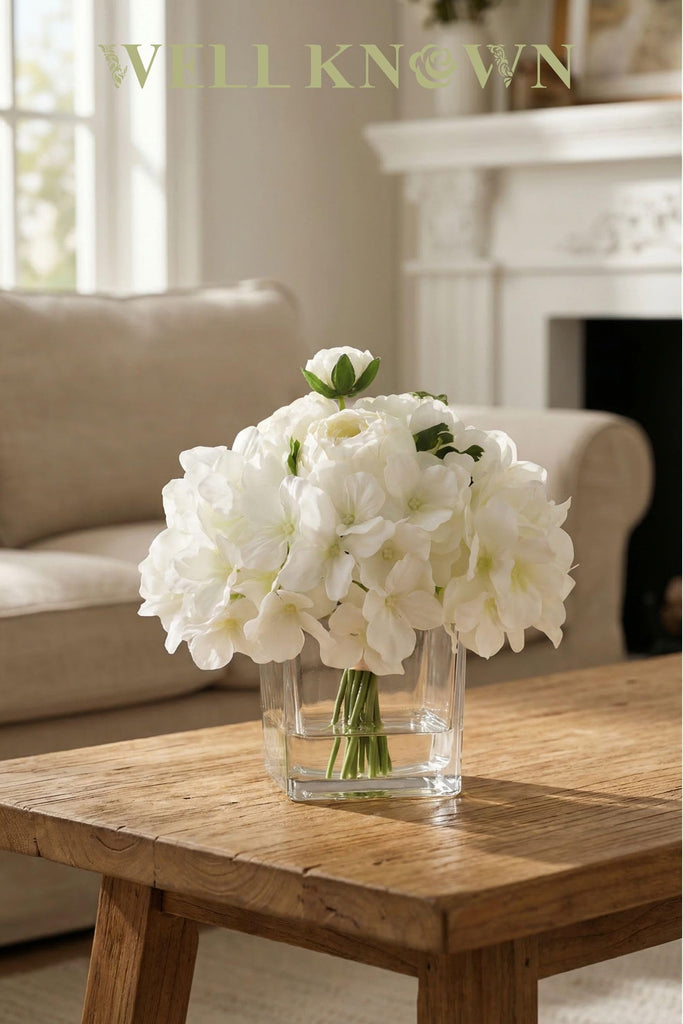Artificial Flowers in Vase, White Hydrangea Ranunculus