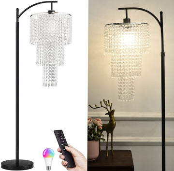Arc Floor Lamp Modern Floor Lamp with Remote Control,Dimmable Crystal Floor Lamps Black Standing Lamp with 10 Color