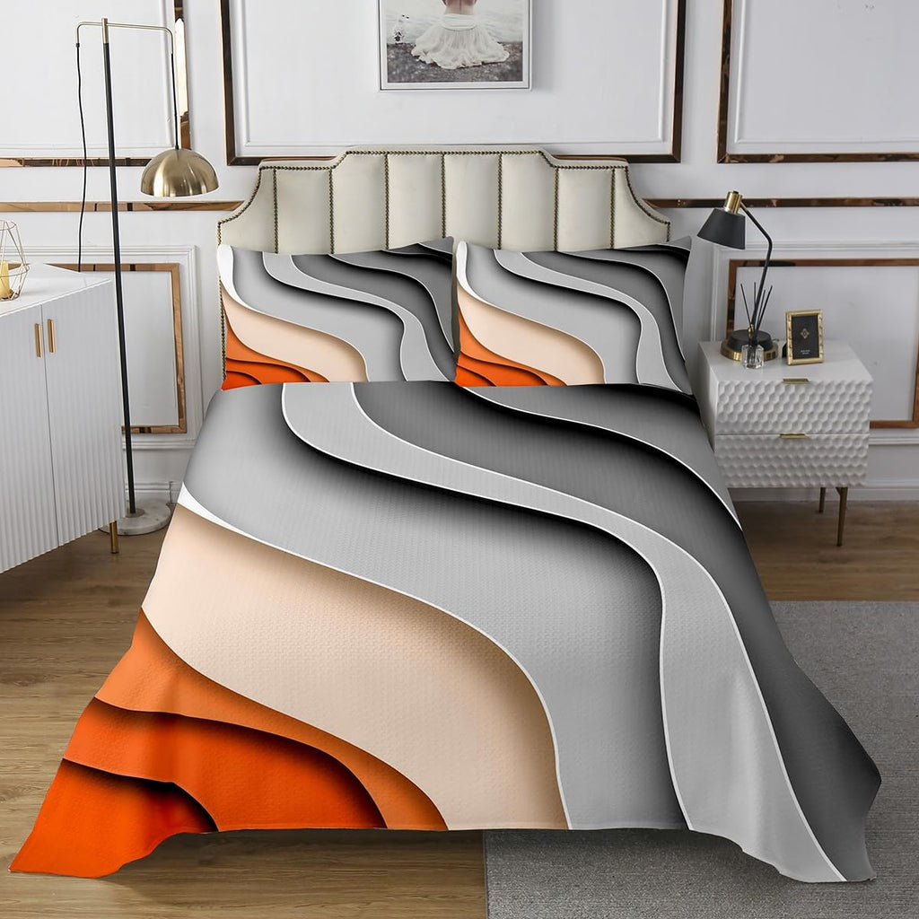 Sea Wave Bedspread Ocean Quilt Set, Abstract Art Coverlet Set Orange Gradient Stripe Bedding Set, Coastal