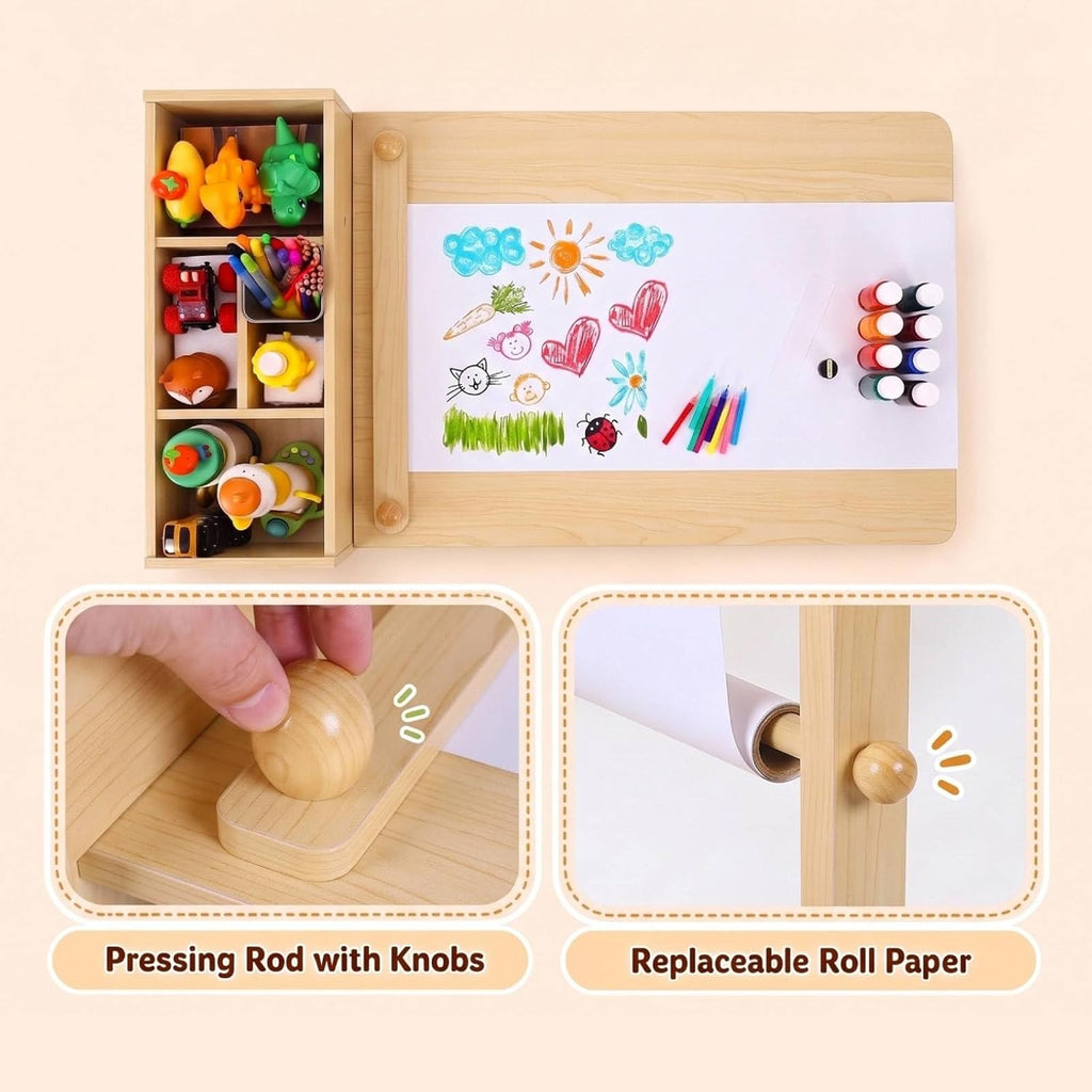 Kids Art Table & 2 Chairs Set, Wooden Activity Craft Desk w/ Paper Roll
