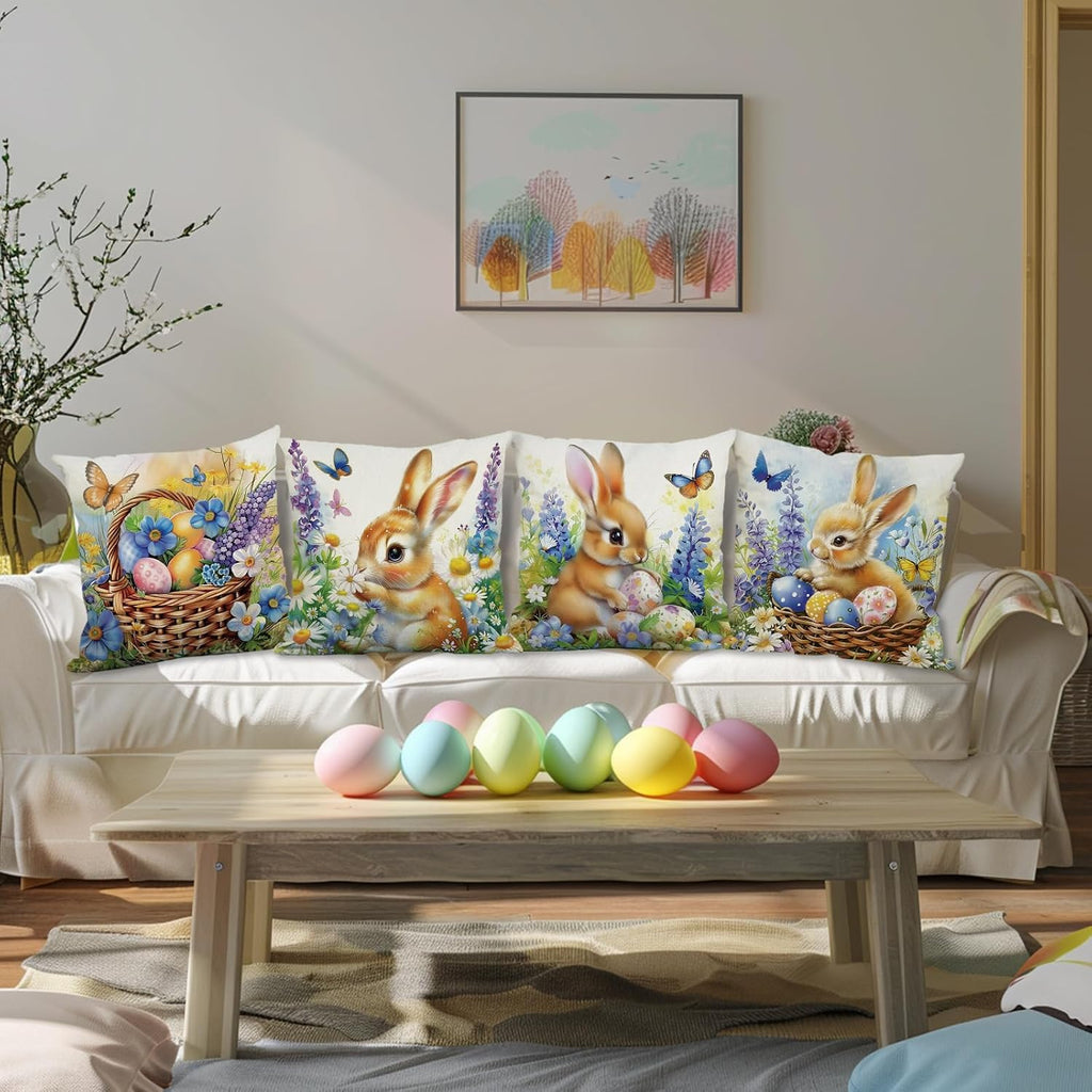 Easter Pillow Covers 18x18 Inch Bunny Eggs Throw Pillow Covers Easter Floral Butterfly Decorative Pillowcase - Set of 4