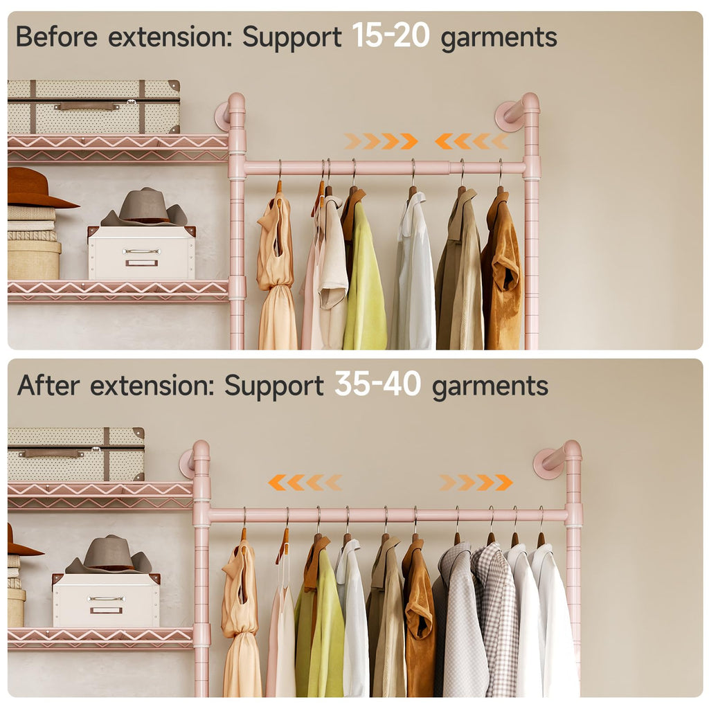 H3 Wall Mounted Closet System, Industrial Pipe Clothing Rack, Pink