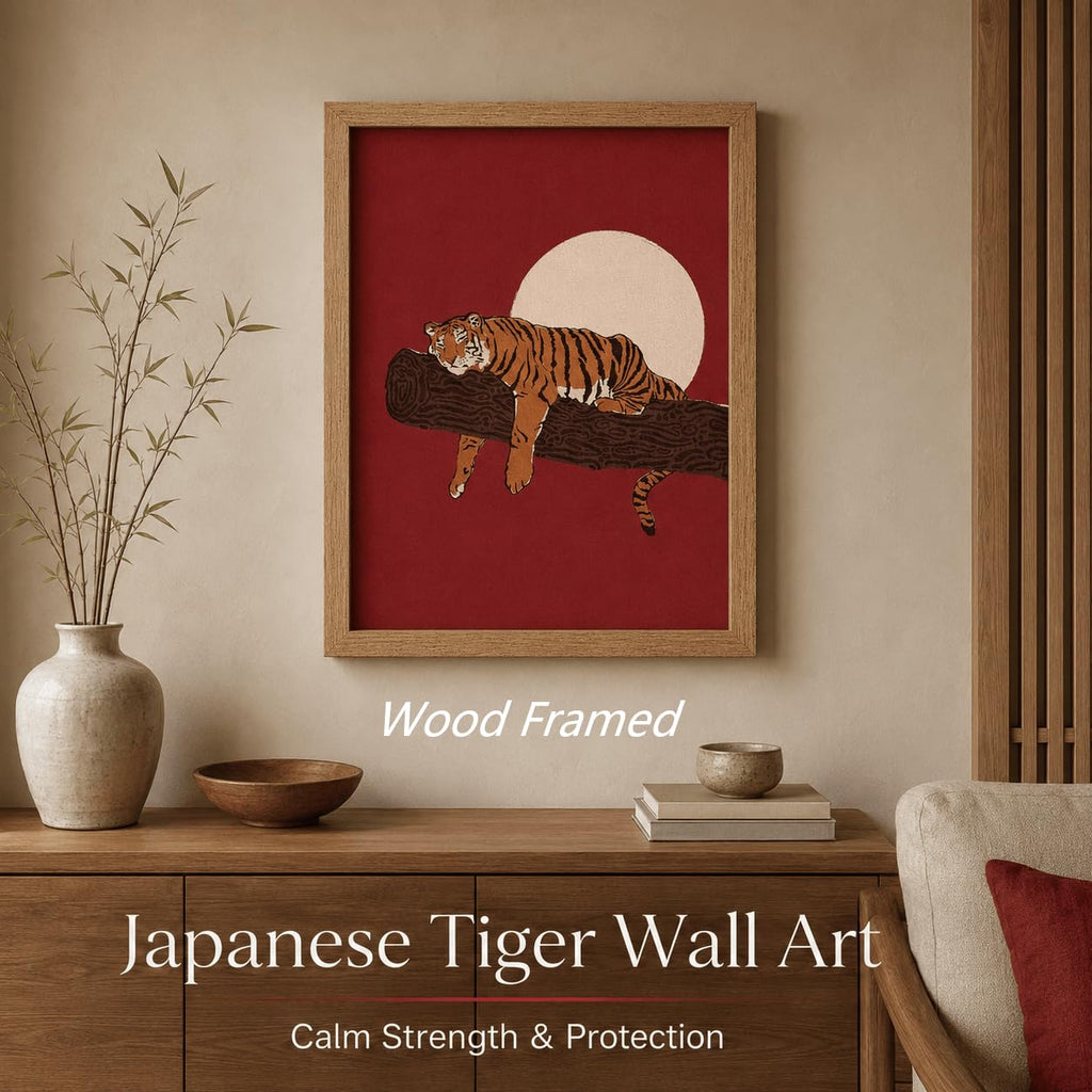 Japanese Sleeping Tiger Framed Wall Art Bold Red Amber Wildlife art
