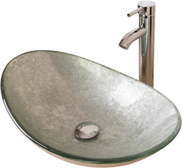 21.7"L × 14.2"W × 6.3"H Tempered Glass Vessel Sink Set - Boat-Shaped Wash Bowl with Chrome Faucet & Pop-Up Drain Stopper
