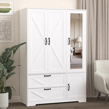 Armoire Wardrobe Closet with Mirror Door, 3 Doors Farmhouse Bedroom Armoire with Drawers and Adjustable Shelves, Wooden