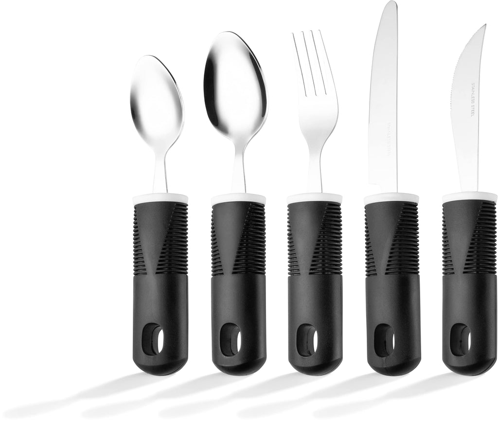 Adaptive Utensils (5-Piece Kitchen Set) Wide, Non-Weighted, Non-Slip Handles for Hand Tremors, Arthritis, Parkinson's