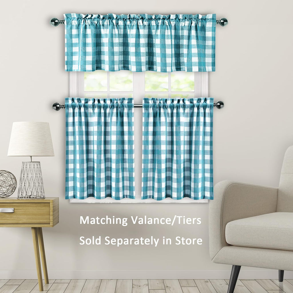 Teal White Buffalo Check Tier Curtains 36 Inch Long