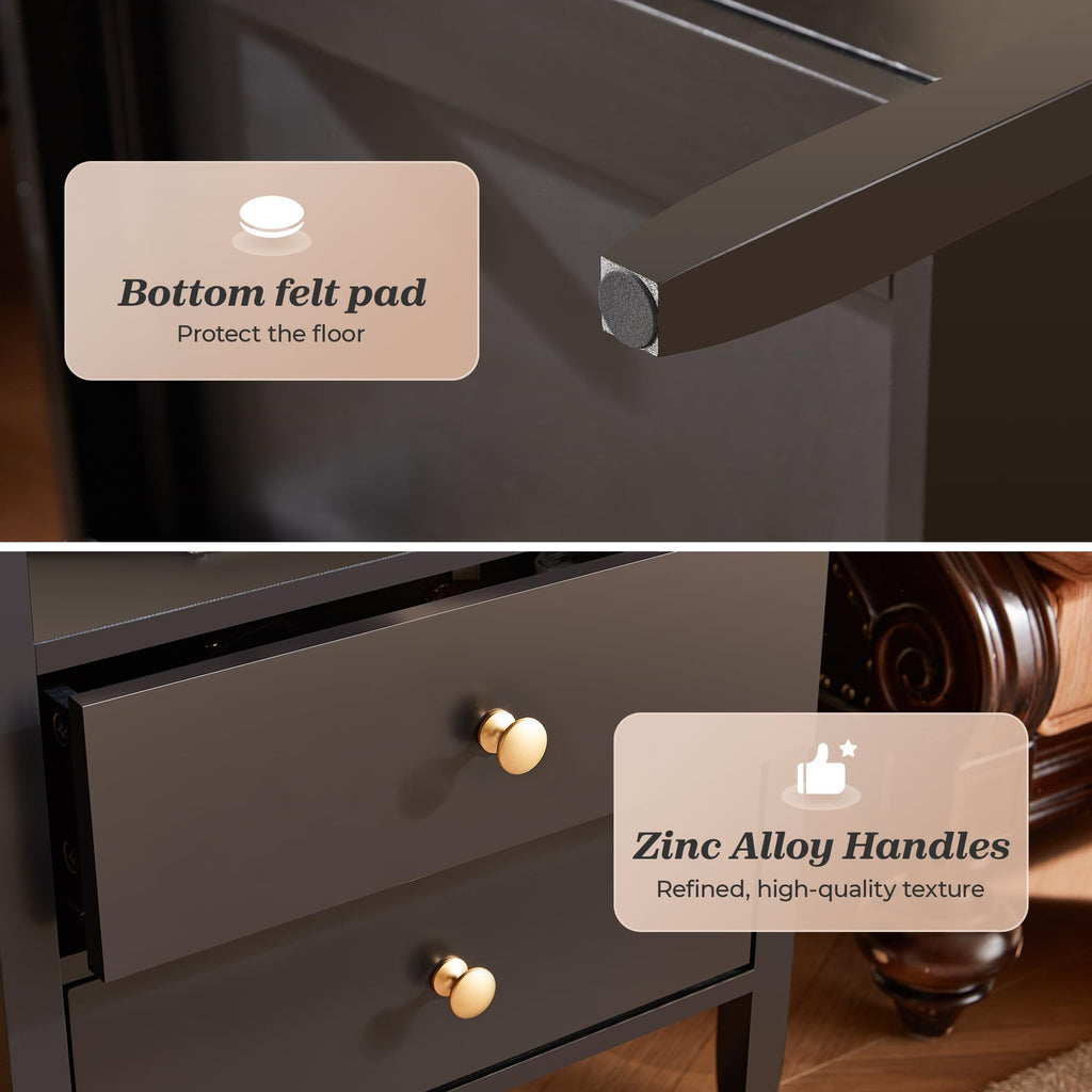 Nightstand with Charging Station, Black Nightstand with 2 Drawers