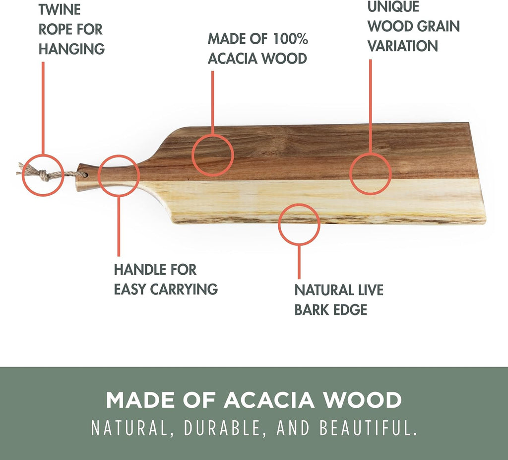 Artisan 30" Acacia Charcuterie Board with Raw Wood Edge, Wooden Cutting Board with Handle, All-Purpose Serving