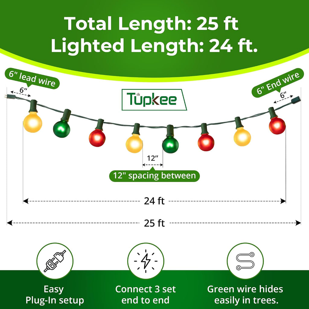 Globe Christmas Tree Lights, Red Green Clear Bulbs, 24 Ft String