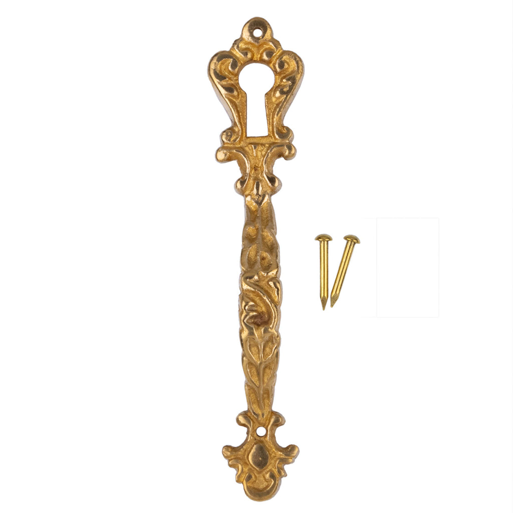 Fancy Cast Brass Decorative Pull Handle W/Keyhole Insert | 3 5/8" H x 3/4" W | Keyhole Cover Escutcheon Plate