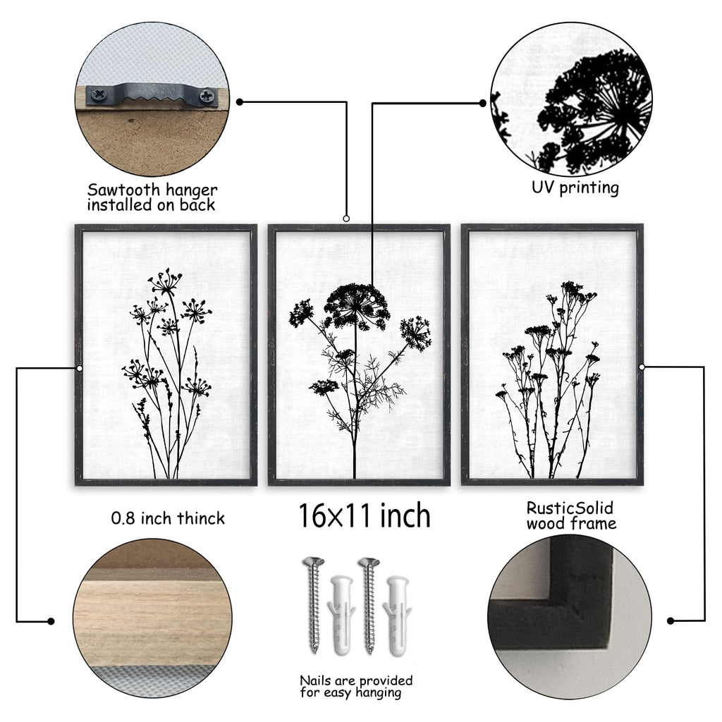 Flower Plant Wall Art Decor 16"x11" Set of 3 Black And White