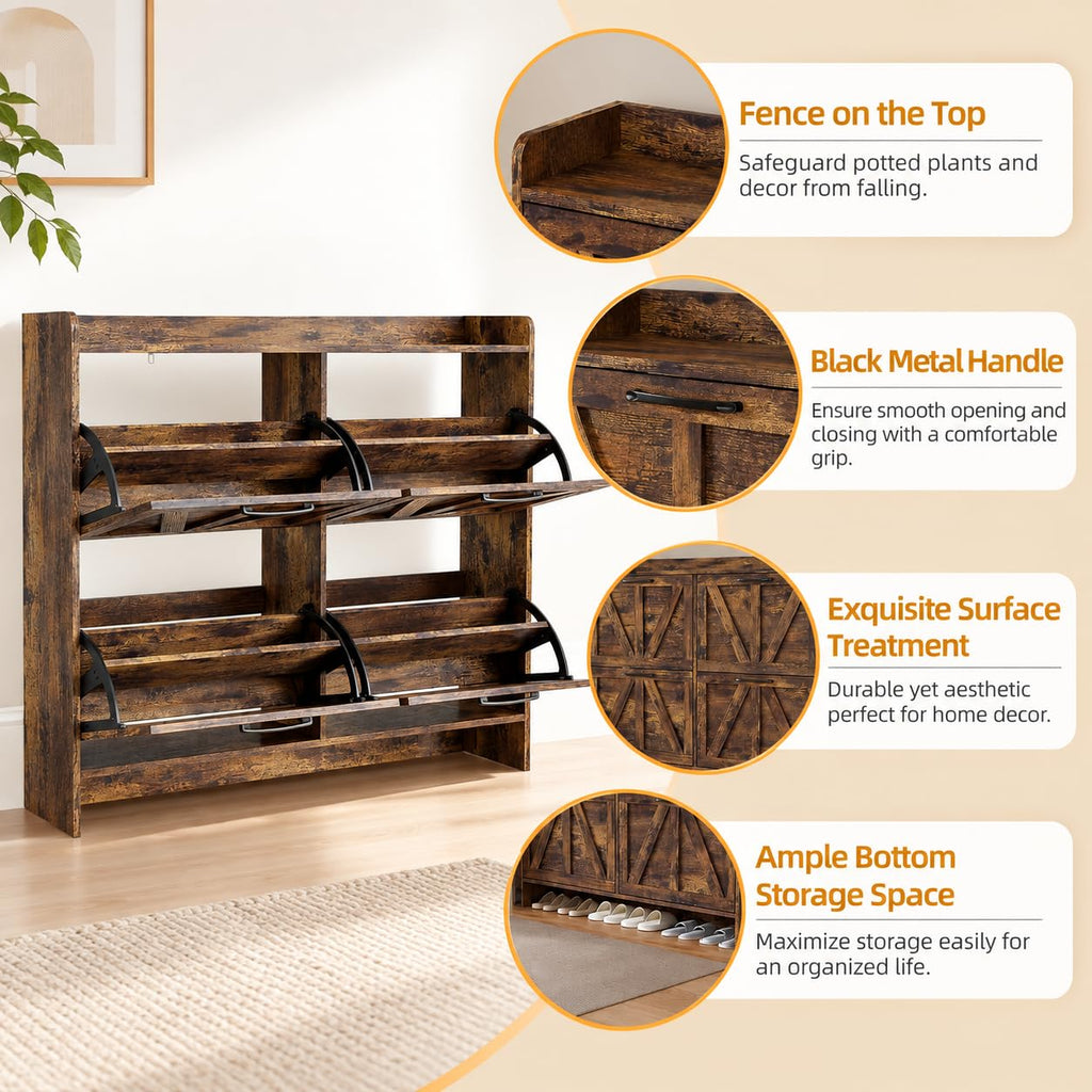 Farmhouse Shoe Storage Cabinet with 4 Flip Drawers, Rustic Brown