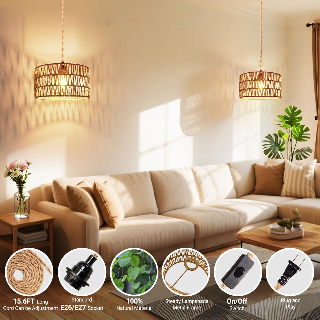 Hanging Light Ceiling Lamp Pendant Lights Rattan Hanging Lamp with Plug in Cord Bedroom Kitchen Indoor Hanging Lamp