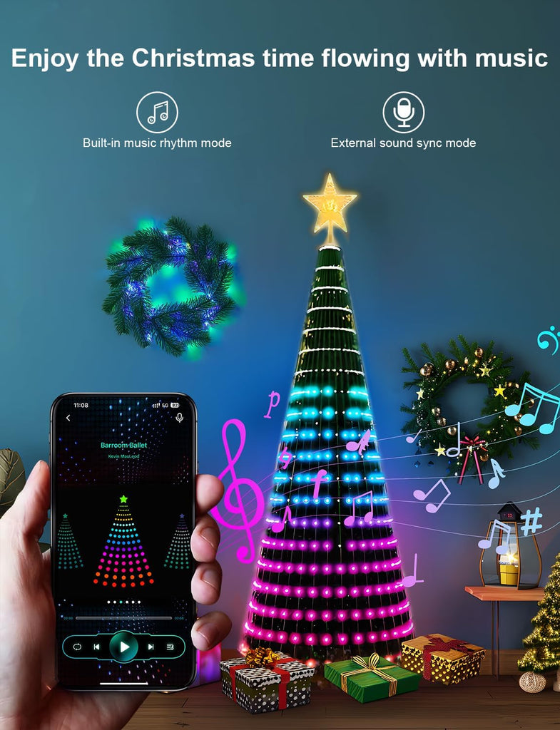 Smart Christmas Tree Lights 6FT 400LED, DIY Color Changing Waterfall Xmas Tree Lights with Ring & Top-Star, Remote &