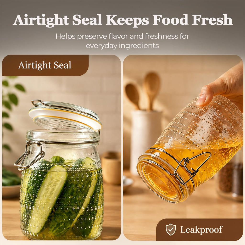 Glass Pantry Jars with Airtight Lids 34 oz 6 Pack Wide Mouth Hobnail