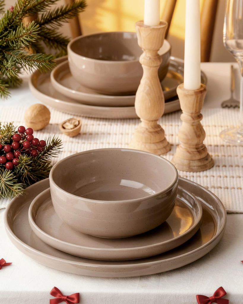 Milkyway 12-Piece Stoneware Dinnerware Set, Cinnamon Brown