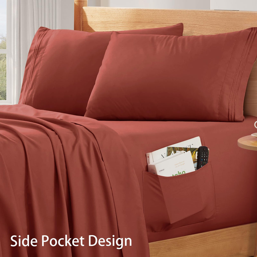 4 Piece Extra Deep Pocket King Sheets Set, Rust