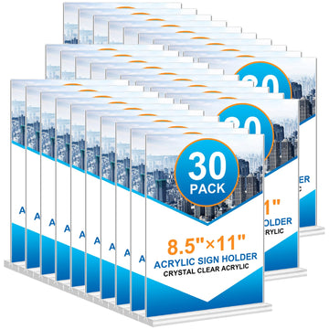 30 Pack Acrylic Sign Holder 8.5 x 11, Clear Display Table Top Signs Stand, Double Sided T Shape Flyer Holder, Plastic