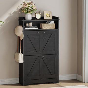 Farmhouse Narrow Shoe Cabinet with 2 Flip Drawers, 23.6" W Black
