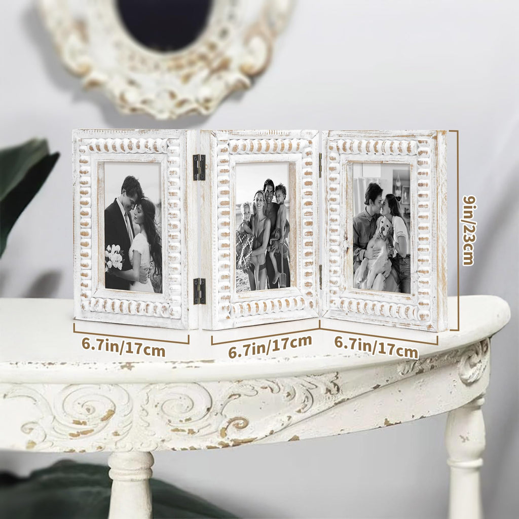 HOME Whitewashed Folding 3 Picture Frame 4x6, Wooden Triple 4 x 6 Picture Frame for Tabletop Display, Farmhouse