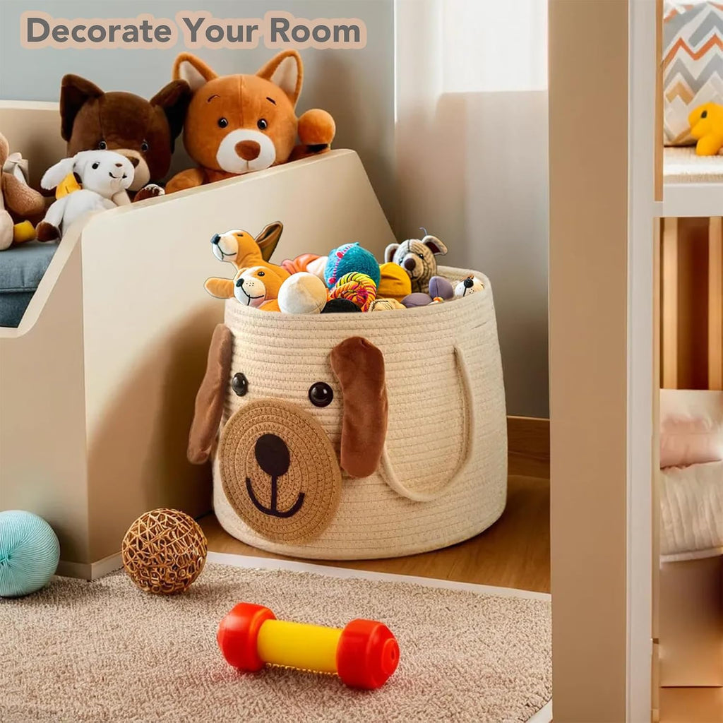 Large Dog Woven Basket with Handles - Toy Storage Bin, Baby Gift & Animal Nursery & Cute Laundry Basket, for Clothes