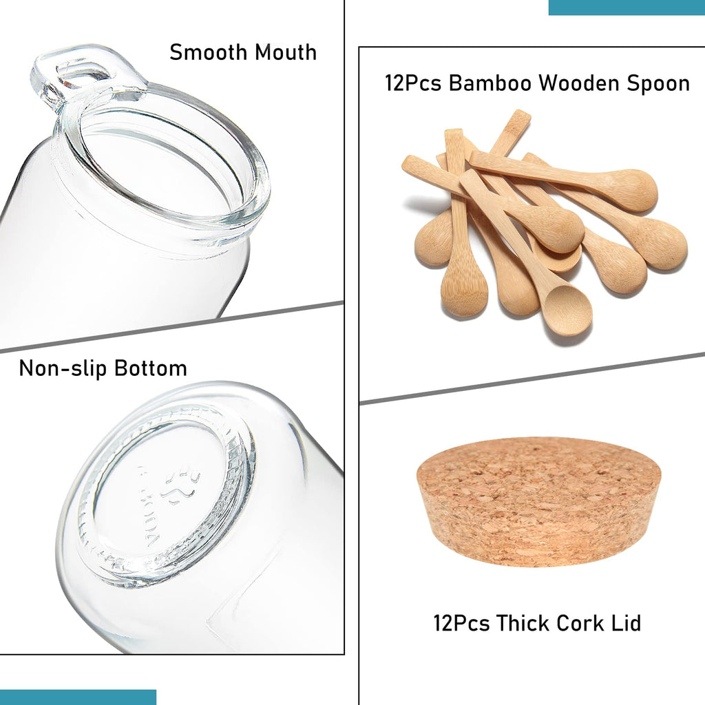 10 oz Small Glass Storage Jars with Cork Lids and Spoons, 12 Pack