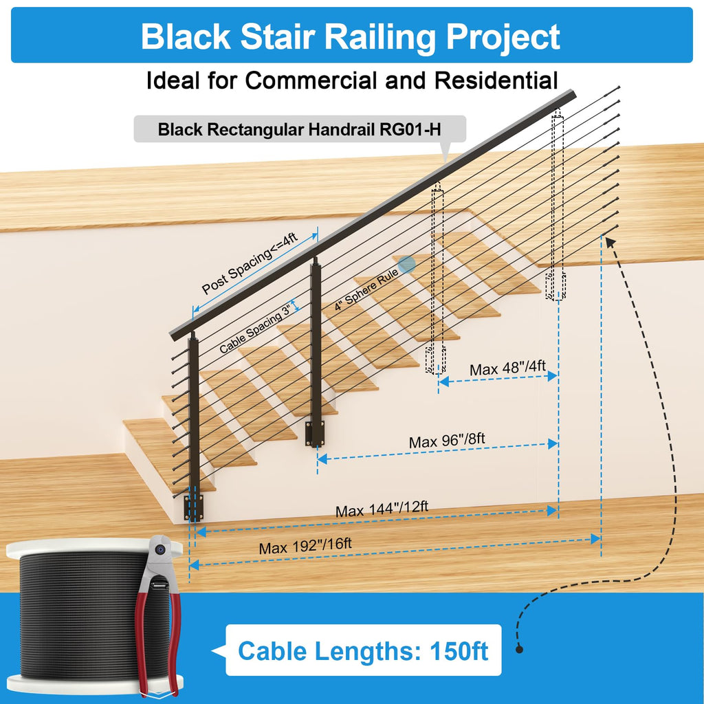 36", Stainless Steel Left Side 25-35 Degrees Stair Post w/Cable Grommets, Space-Saving Fascia Mount Deck Stair