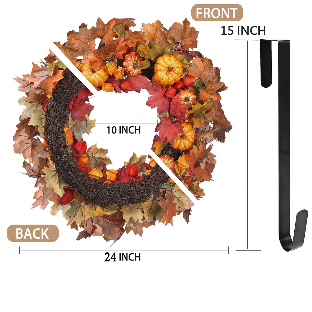 Thanksgiving Fall Wreath for Front Door 24 Inch Pumpkins Autumn Wreaths