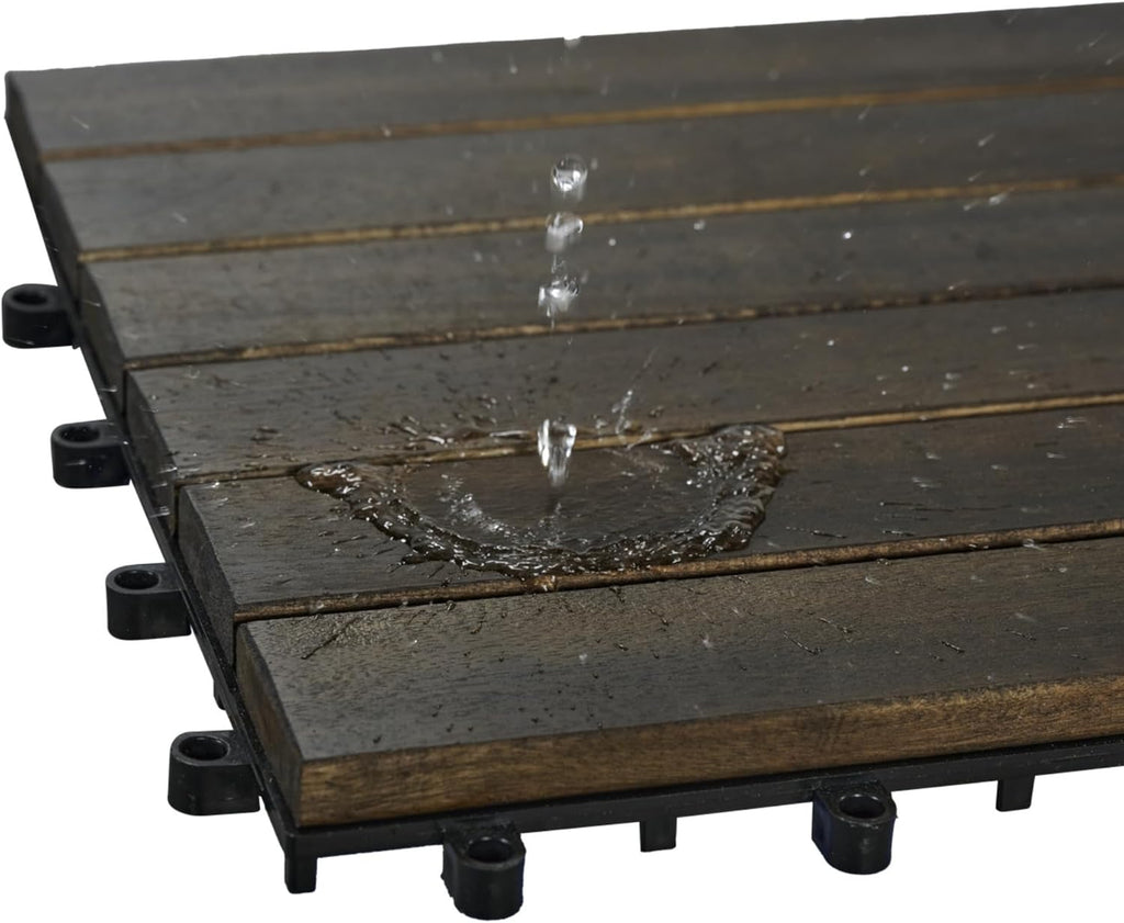 10 Pcs Outdoor Interlocking Deck Tiles, 12"x12" Acacia Wood Tiles for Patio, Porch, Balcony & Poolside, Striped