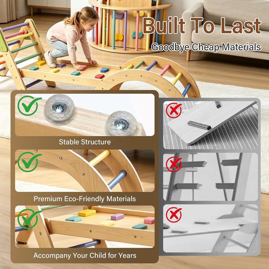 Foldable Triangle Climbing Set Wooden 7 in 1 Montessori Climber Toys for Toddlers 1-3 Baby Jungle Gym Indoor Slide