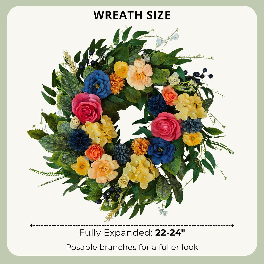 Summer Wreaths for Front Door, 22 Inch Summer Wreath with Roses & Hydrangeas, Outdoor Floral Wreath for Summer Door