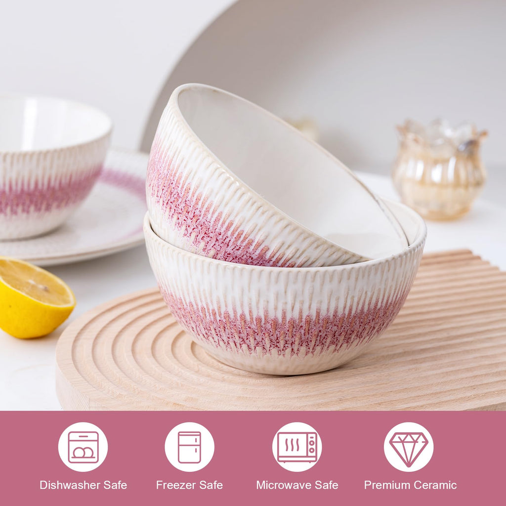Dinnerware Set Pink Stoneware 12 Pieces Service for 4, Stoneware Plates and Bowls Set, Dishwasher Microwave Safe