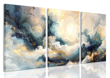 Framed Blue Abstract Fantasy Canvas Wall Art Minimalism Ink Painting Poster Set of 3 Modern ArtWork Navy Blue Gold