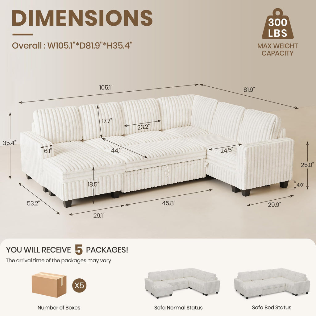 Corduroy Sleeper Sofa Bed with Storage Chaise Modular Sectional Sofa Couch with Pull Out Bed L Shaped Sectional