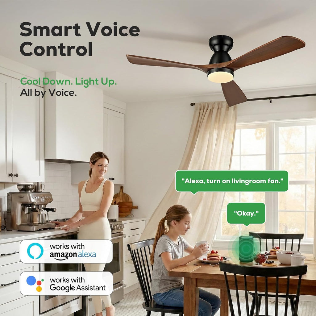 60 Inch Flush Mount Ceiling Fan with Light, Low Profile Smart Ceiling Fan with 3 Solid Walnut Wood Blades, Dimmable LED, Reversible Quiet DC Motor, Alexa App & Remote Control, Indoor Outdoor, Dark Walnut