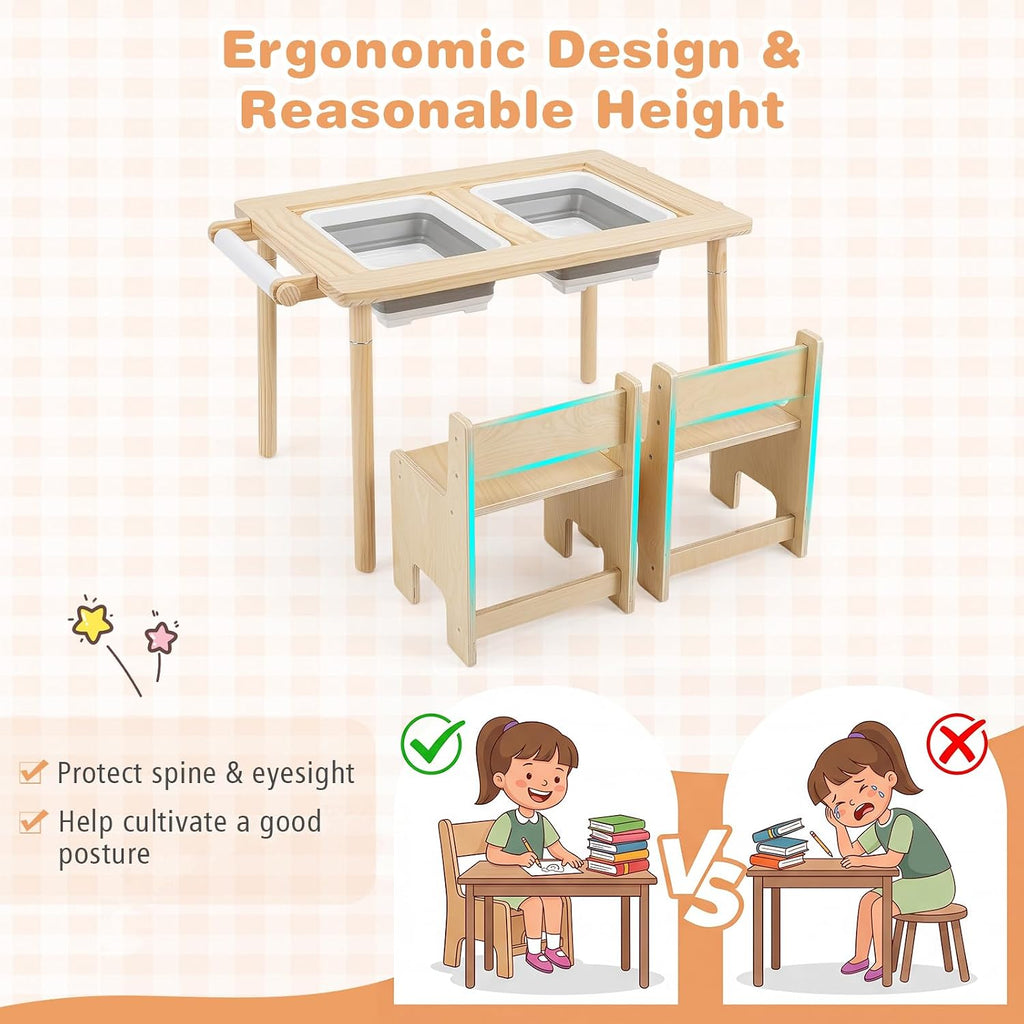 Sensory Table and Chair Set, Wooden Sand & Water Activity Set w/Adjustable Height, Dual Sided Top, 2 Bins, Paper Roll
