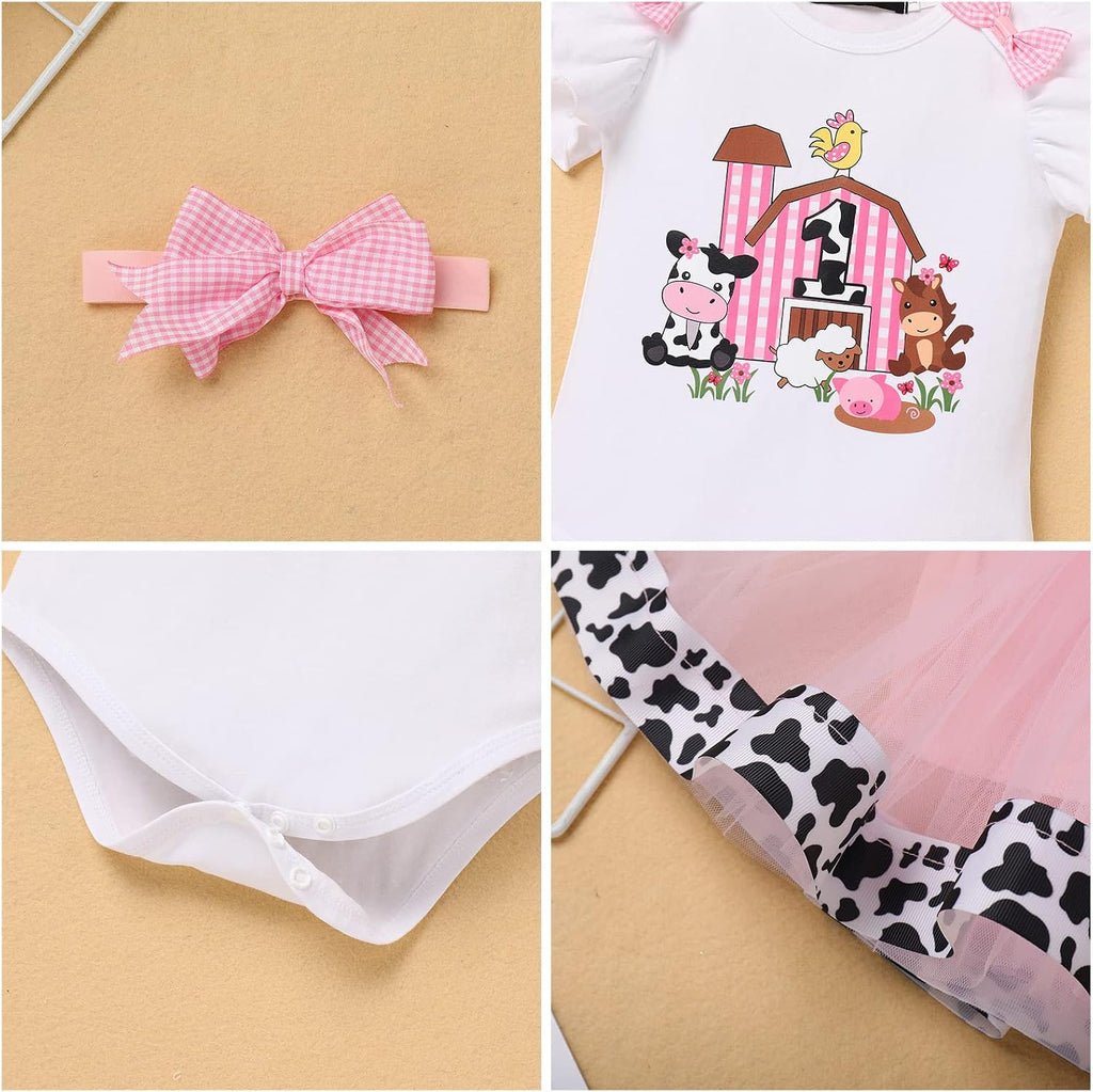 Baby Girl 1st Birthday Outfit Farm Cow Ladybug Romper Tutu Skirt Headband Christmas Bee Cake Smash Photo Shoot Clothes