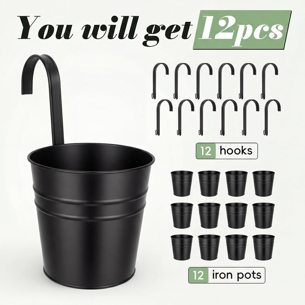 Hanging Flower Pots, Railing Planter Box for Outdoor Plants 12 Pack 5 Inch Metal Hanging Planters with Detachable
