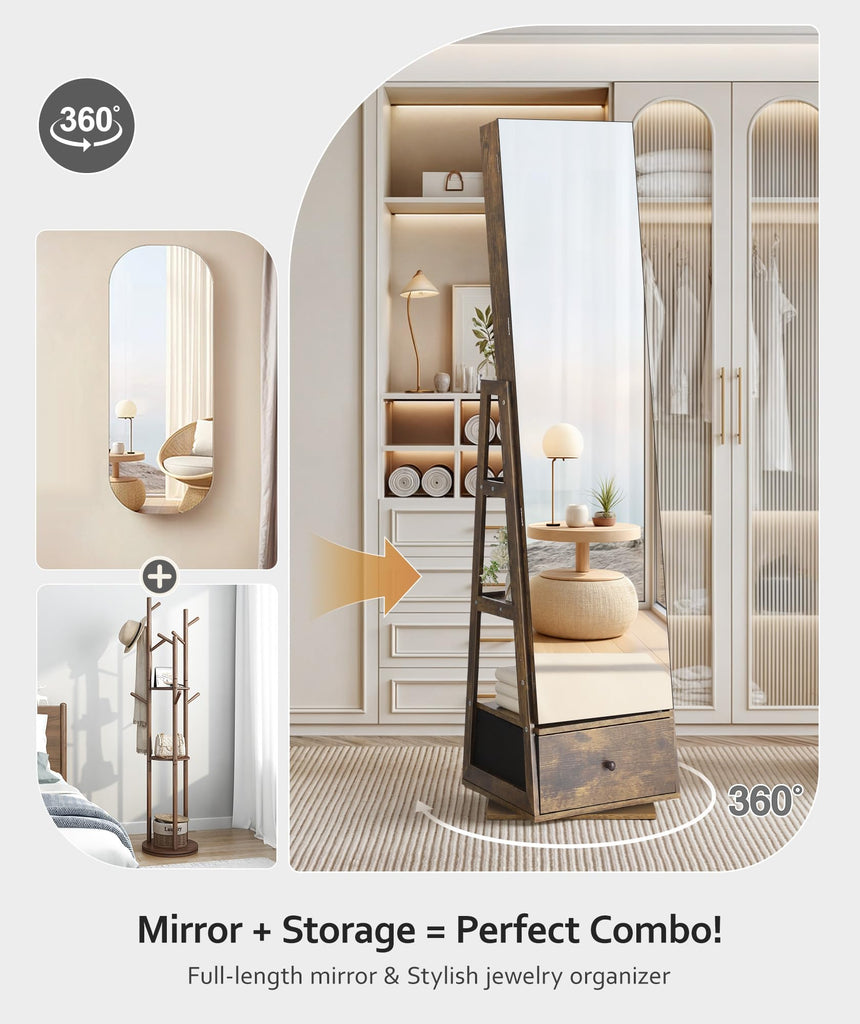 360° Swivel Jewelry Cabinet, Full Length Mirror, Lockable