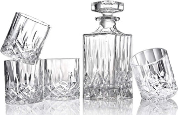 Italian Crafted Crystal Whiskey Decanter & Whiskey Glasses Set, Crystal Decanter Set With 4 Whiskey Glasses - Set of 5