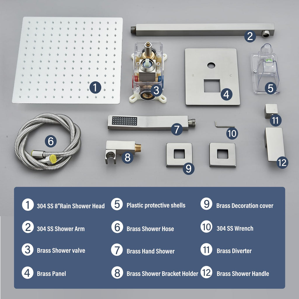 Shower Faucet Set Brushed Nickel Shower System with 12 Inches Rain Shower Head and Handheld Sprayer Wall Mounted