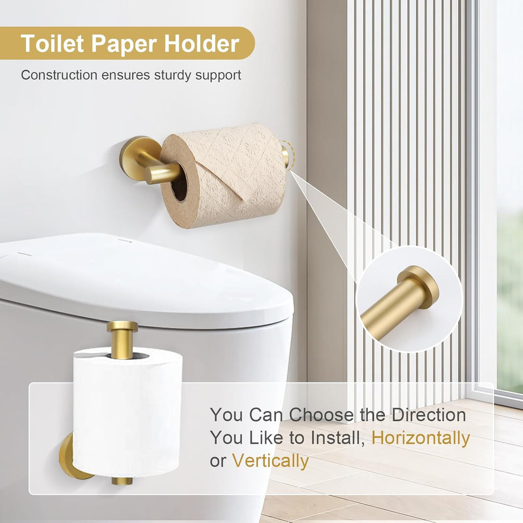 Brushed Gold Bathroom Hardware Set 6-Piece Bathroom Accessory Set 23.6 Inch Round Stainless Steel Towel Bar Set Wall