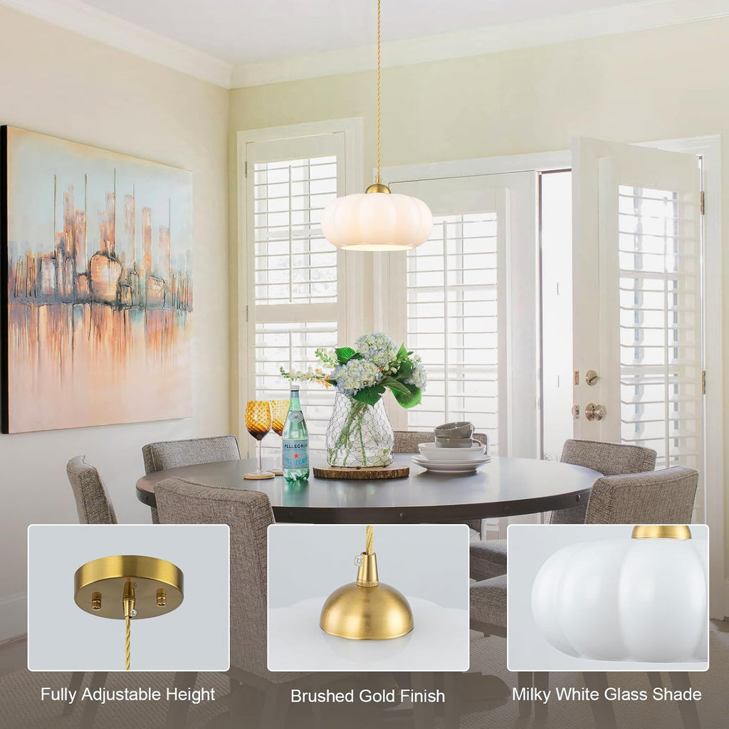 9.84" Mid-Century Modern Pendant Lights Kitchen Island,1-Light Brushed Gold Kitchen Light Fixtures with Opal Milky