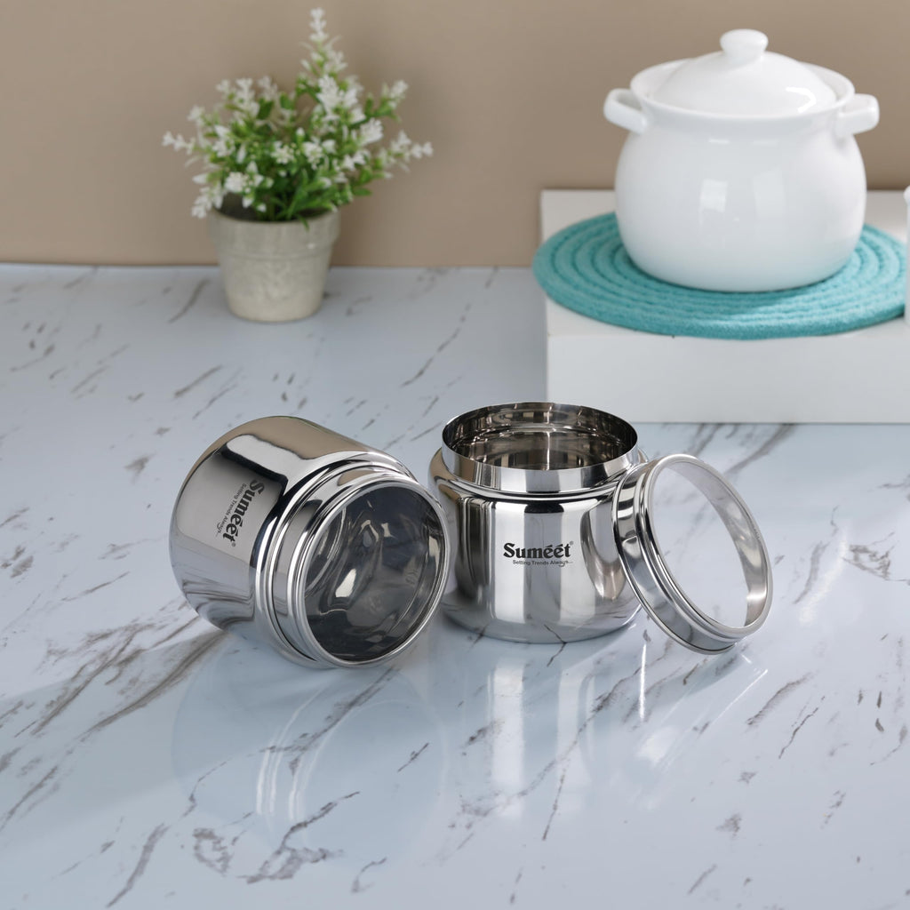 Silver Beni Shape Stainless Steel Canisters/Dabba/Storage Containers with See Through Lid, Set of 2 Pcs, 1.45L Each