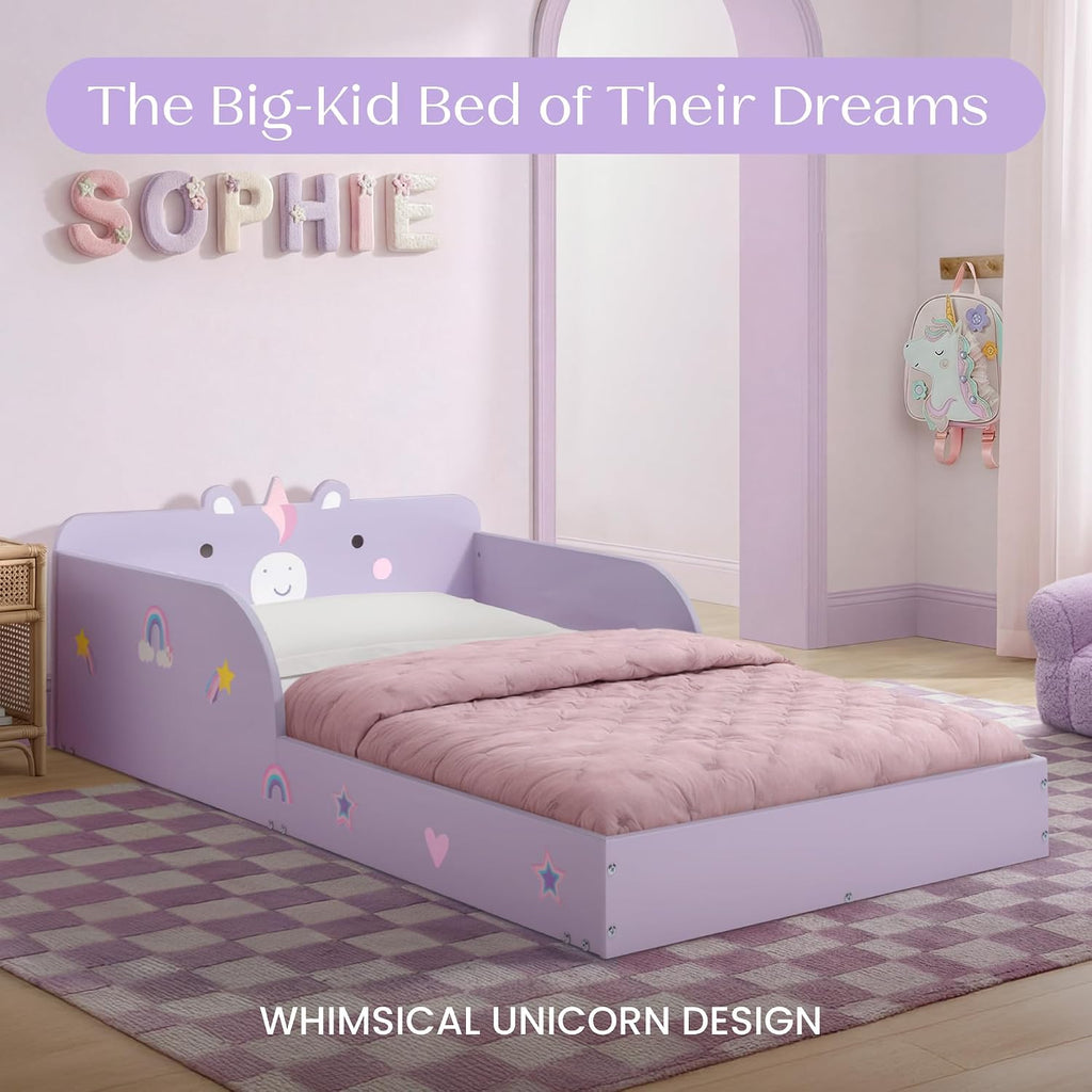 Unicorn Wood Floor Toddler Bed with Reusable Stickers, Purple