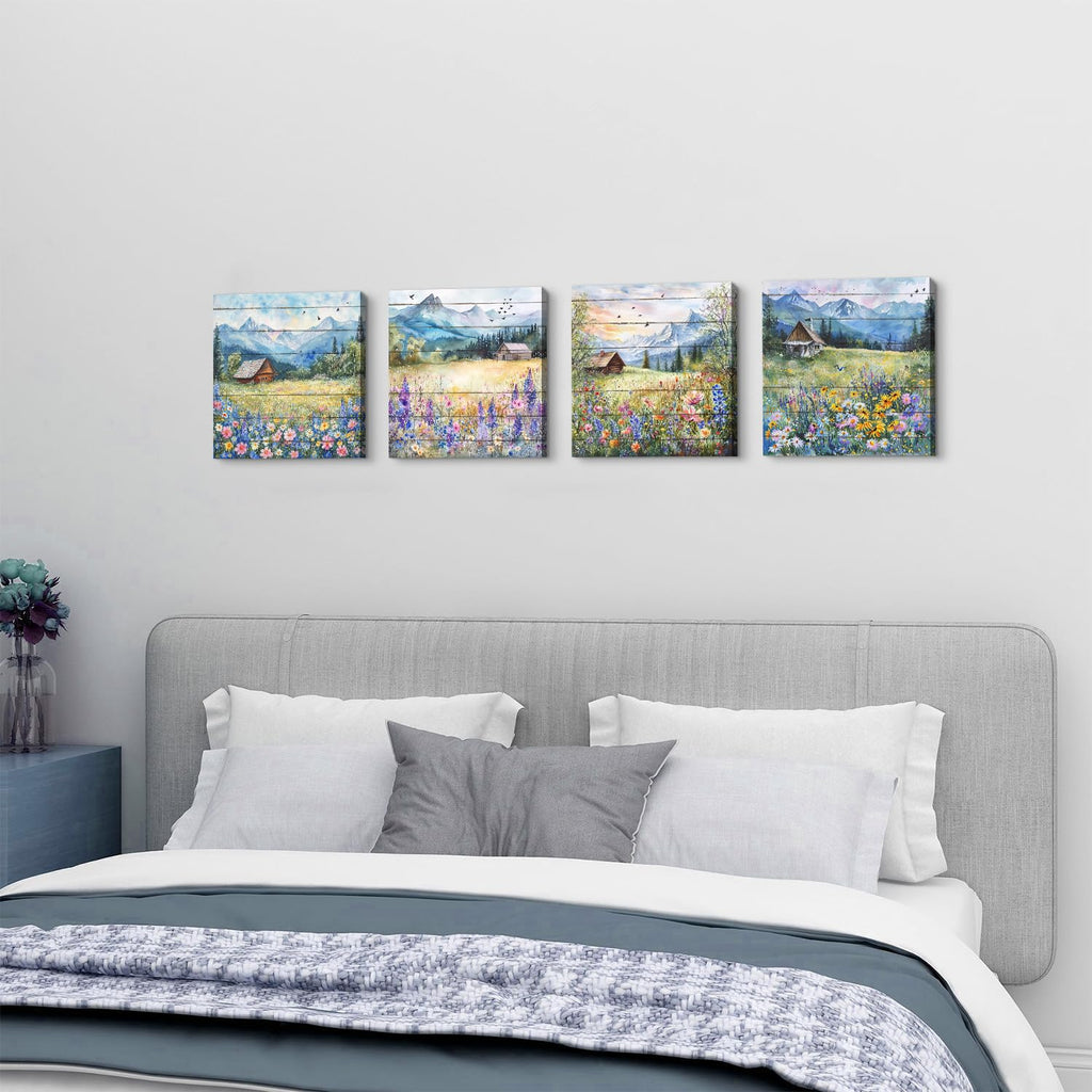 Nature Wall Art Barn Wildflower Landscape Wall Decor Farmhouse Floral Scenery Pictures Mountain Posters Living Room