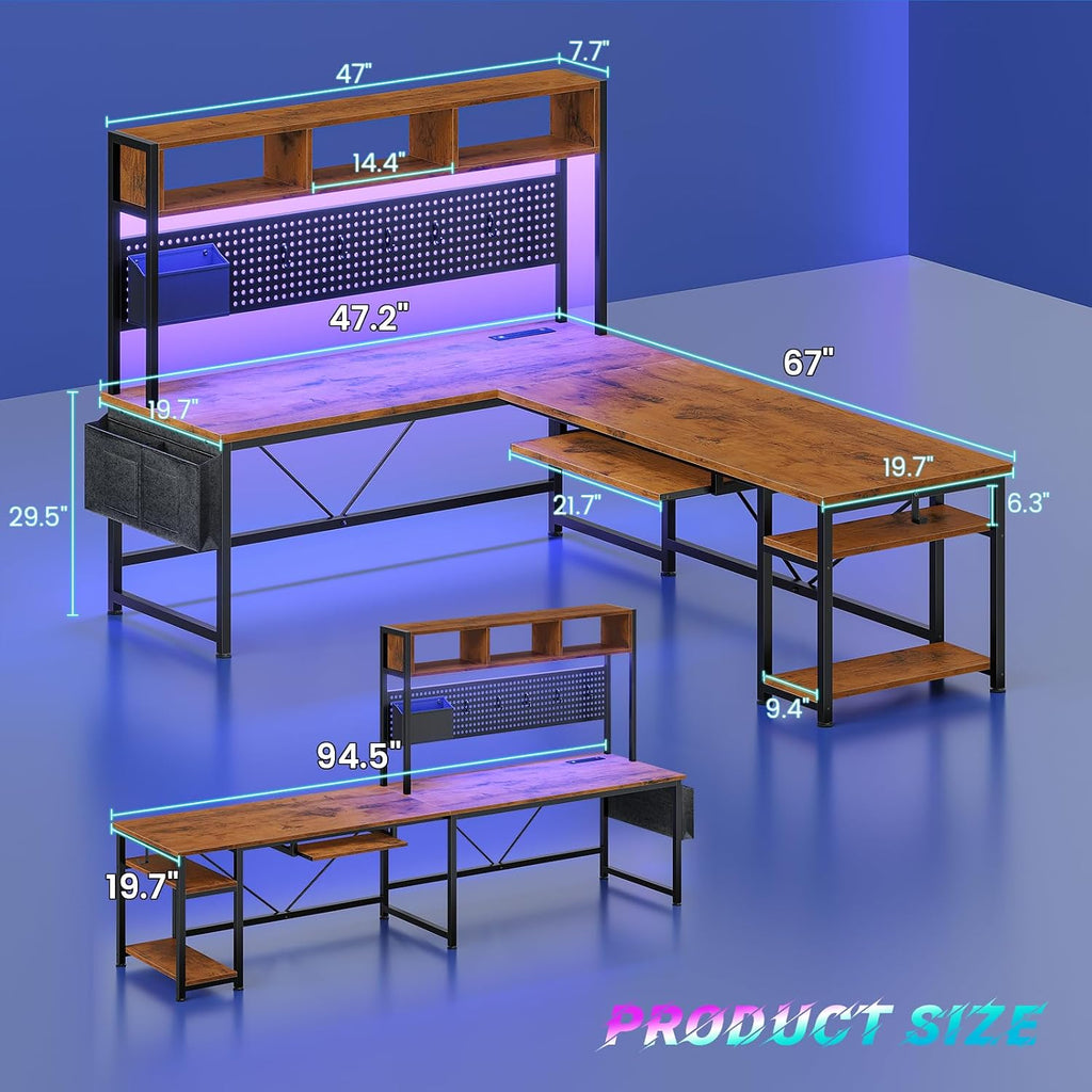 L Shaped Computer Desk, Reversible Corner Desk with Power Outlet | Gaming Desk with Pegboard, Led Lights, Keyboard
