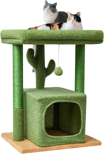 27" Cactus Cat Tree for Indoor Cats, Green Modern Activity Tower