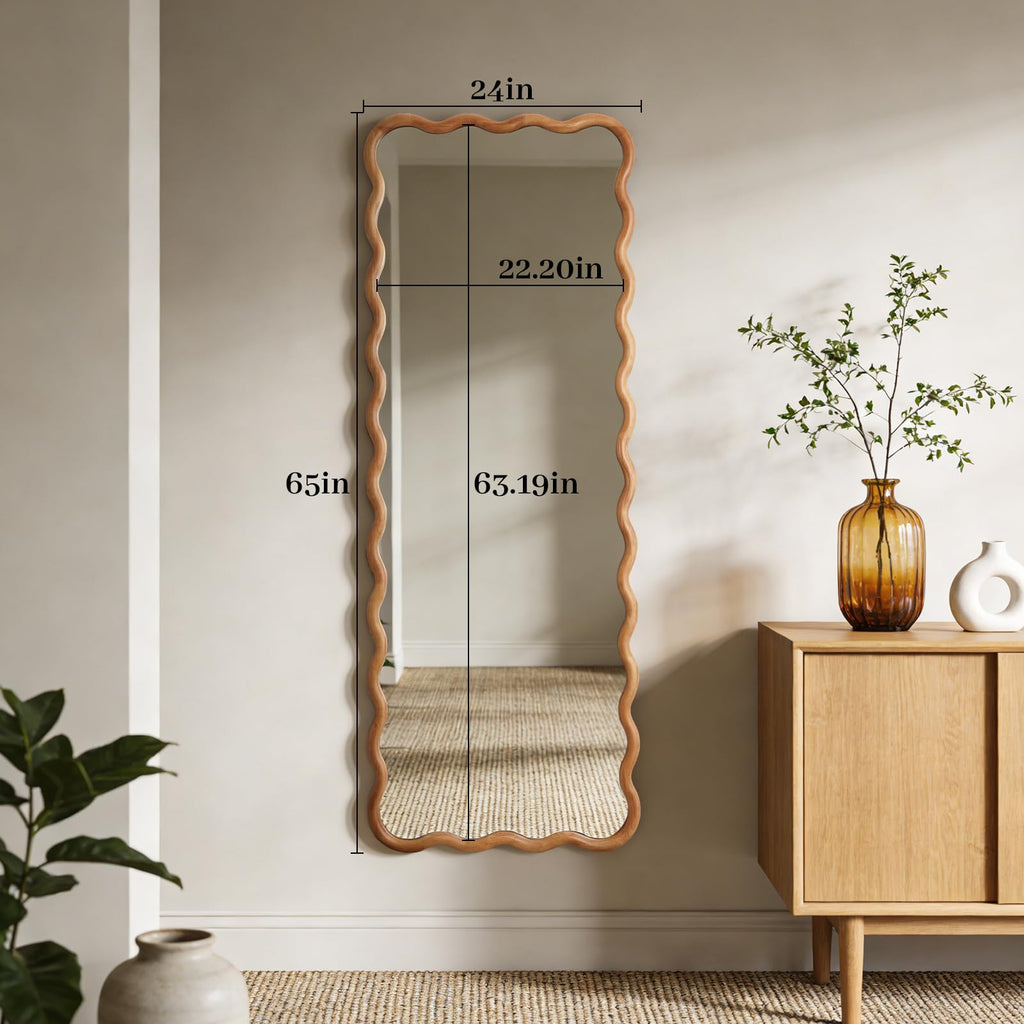 24"x65" Full Length Mirror with Wood Frame, Natural Wood Wavy Mirror, Decorative Floor or Wall Mounted Mirror and